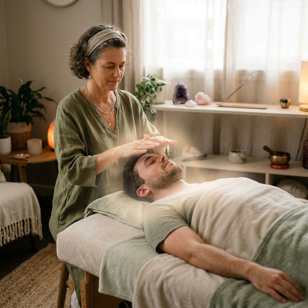 Practitioner with hands near patient's forehead during energy healing session