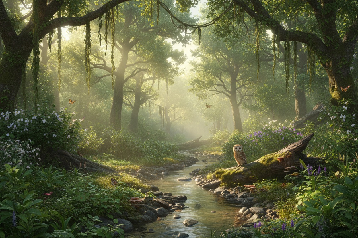 An owl sits on a mossy log beside a sunlit stream flowing through a lush, green forest.