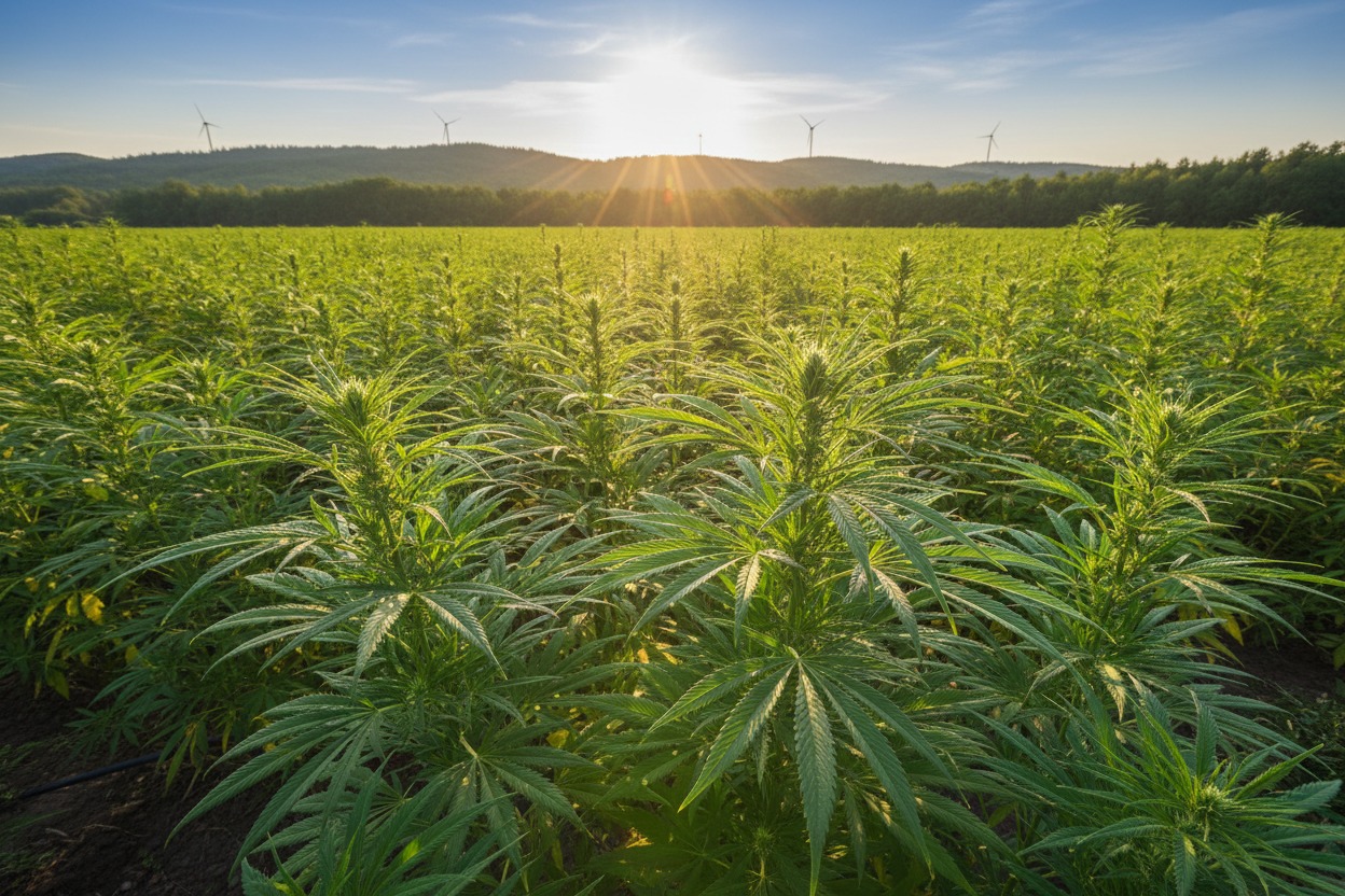 A vast field of green hemp plants glows under the bright sun setting behind distant hills and wind turbines.
